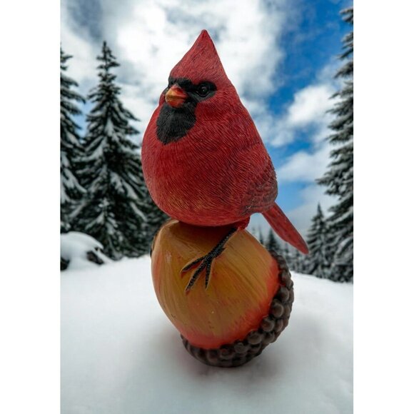 Cardinal Bird Perched on Acorn Winter Figurine Nature Rustic Christmas Decor - Picture 1 of 9